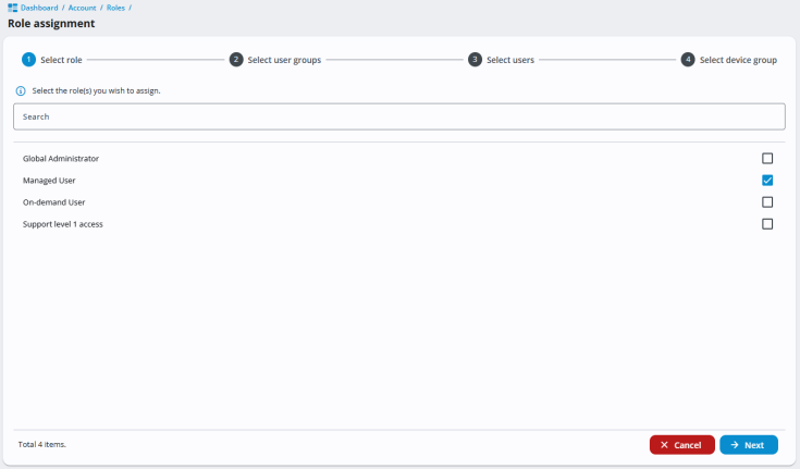 Role assignment wizard, showing step 1: Select role. A search bar is available to filter roles. Four roles are listed with checkboxes: Global Administrator, Managed User, On-Demand User and Support level 1 access. The checkbox for Support level 1 access is selected. Navigation buttons for Next and Back appear at the bottom right. Steps 2 (Select users) and 3 (Select device group) are grayed out.